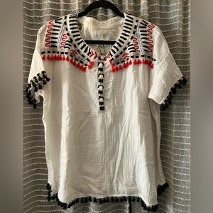 Johnny Was Cream Blouse with Red Accents